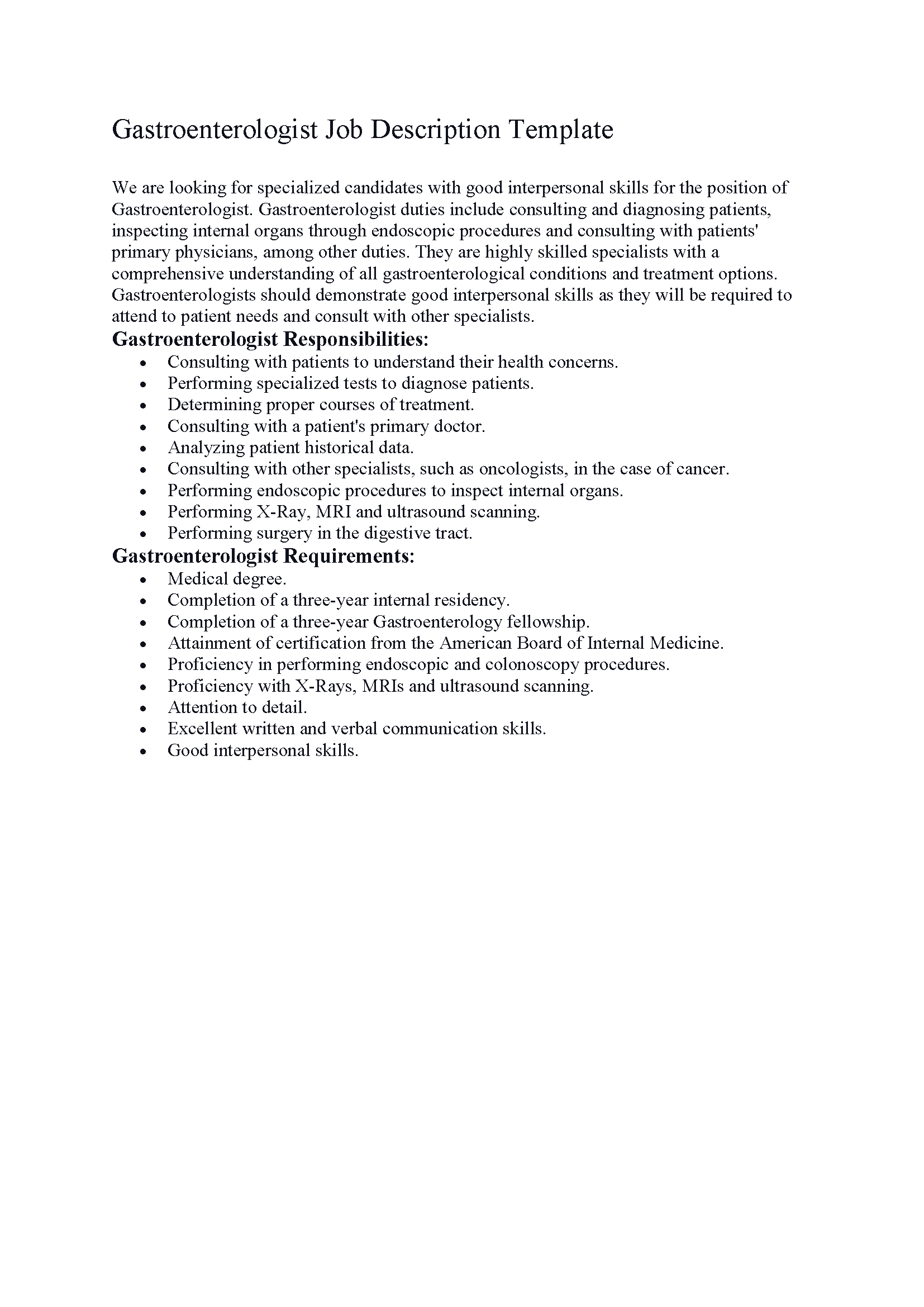 Gastroenterologist Job Description Template